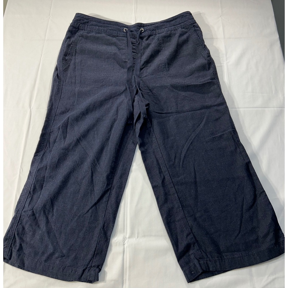 Per Se Navy Blue Linen Blend Wide Leg Cropped Drawstring Pants Womens Medium